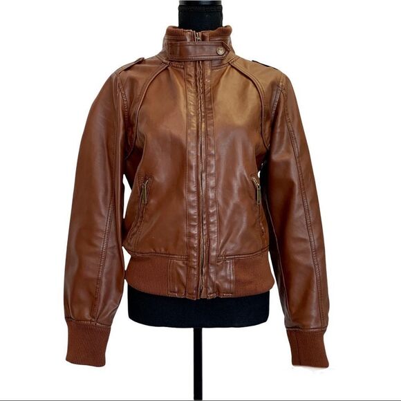 DOLLHOUSE Brown faux leather vegan high neck Moto jacket Sz L - Picture 1 of 11